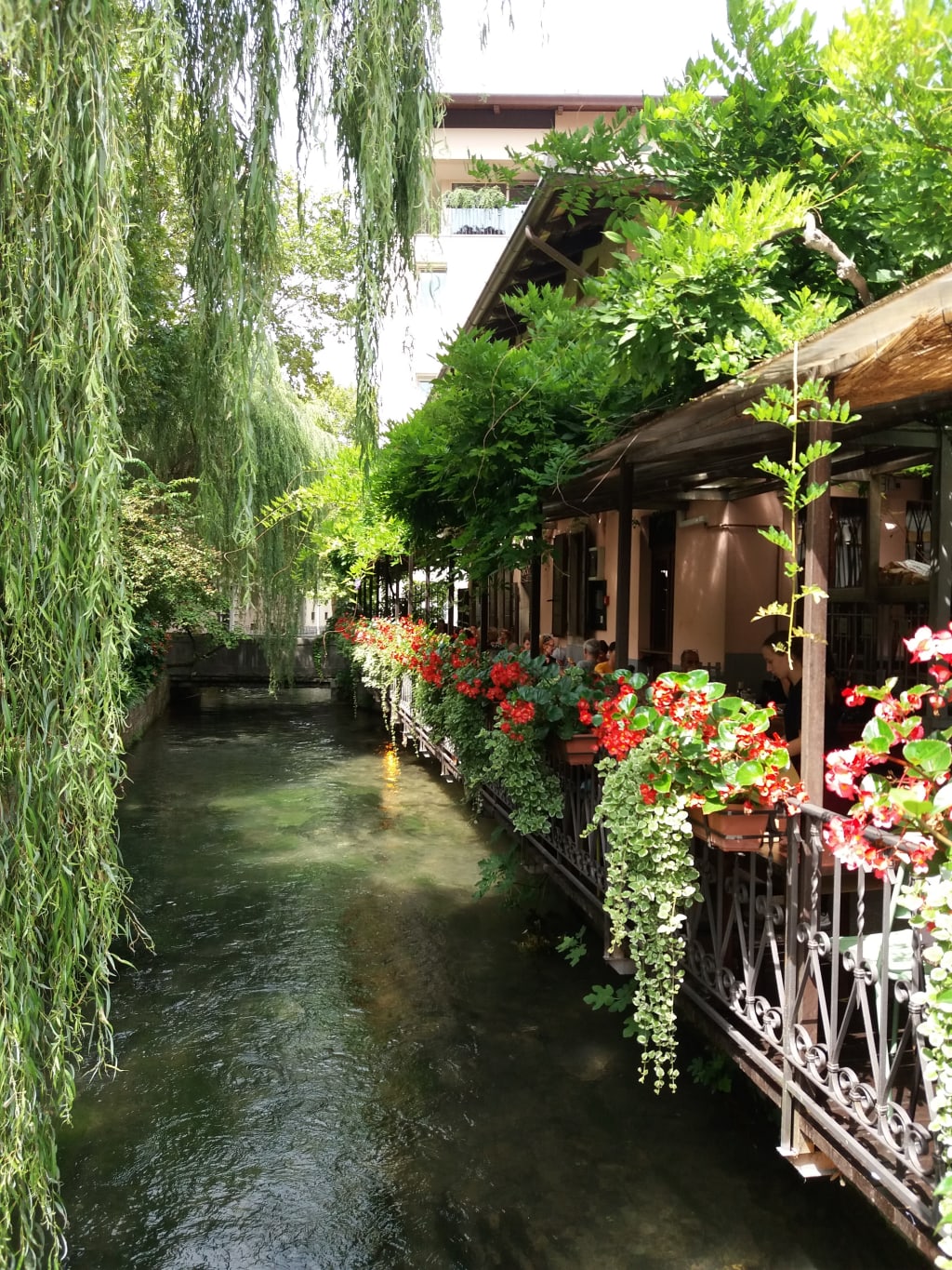 Canale fiorito e ristoranti all'aperto lungo il centro storico di Udine, Italia.